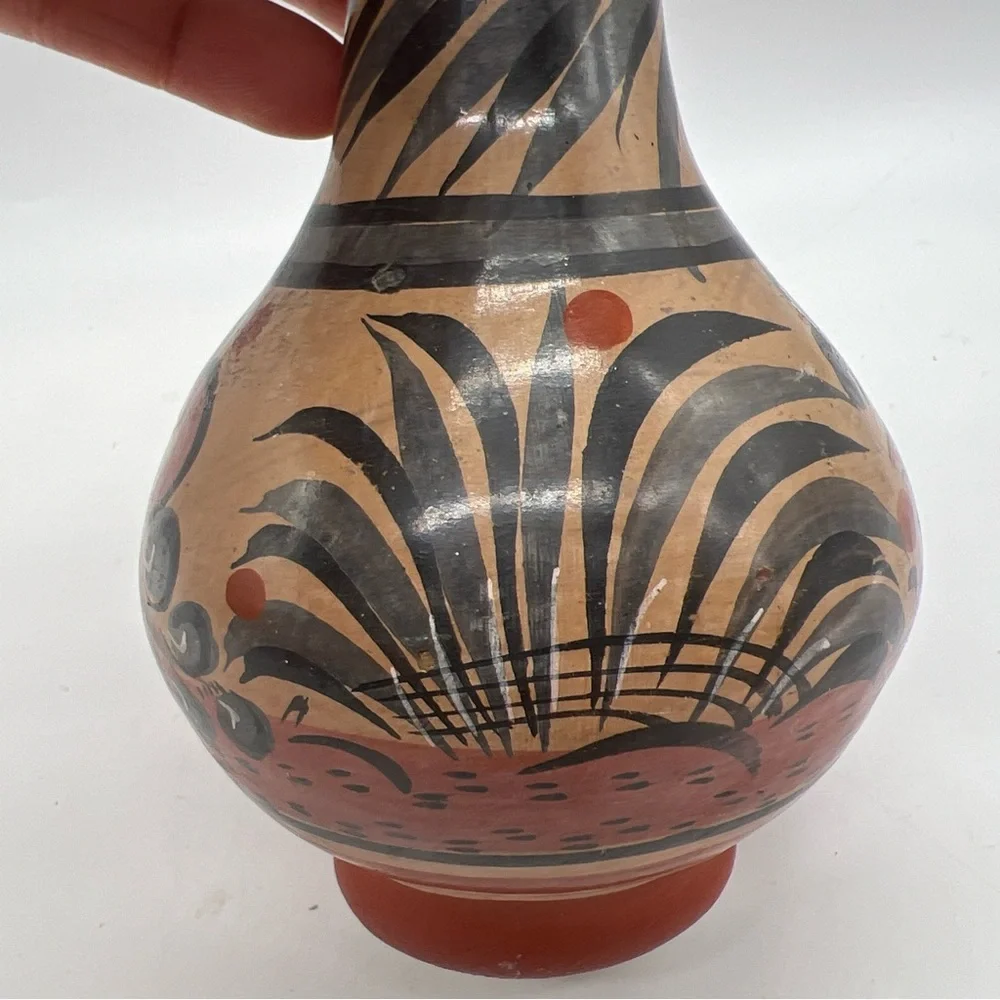 Mexican Made Tonala Vase Foral Coral Gray Color Artisan Ethnic Handmade Painted